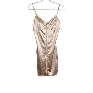 Haute Monde Gold Satin Mini Dress Women's Size M Gold Padded‎ Full Zip Party Y2K